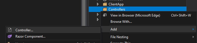 Dodanie nowego Controllera w Visual Studio. Meni pomocnicze