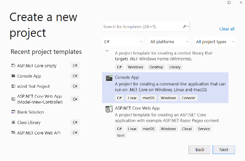 Wybranie szablonu Console App w Visual Studio 2022