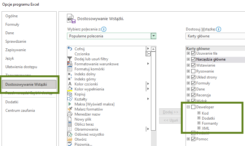 Dostosowanie wstążki w Excel 2019 aby dodać możliwość Visual Basic