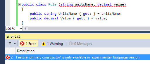 Visual Studio 14 CTP Feature primary constructor is only available