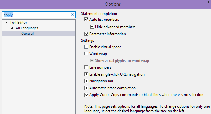 Options Visual Studio