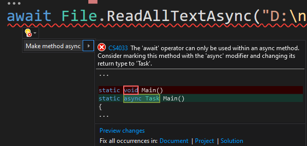 Visual Studio podpowiada aby korzystać z async Task