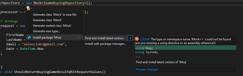 Instalacja paczki Moq w Visual Studio przez kod