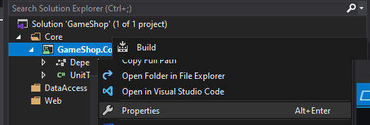 Właściwości projektu w Visual Studio