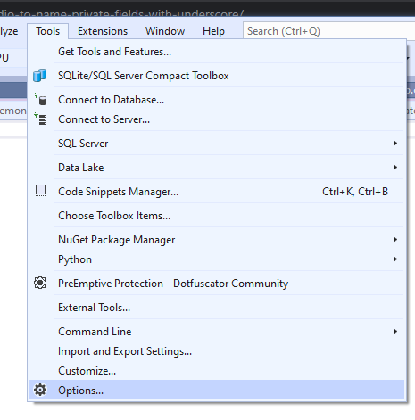 Z meni wybierz Tools i kliknij na Options Visual Studio