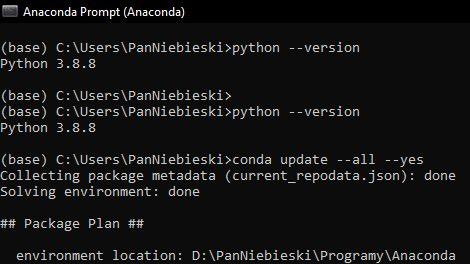 python --version conda update --all --yes