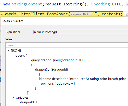 Struktura zapytania JSON którą widać w Visual Studio