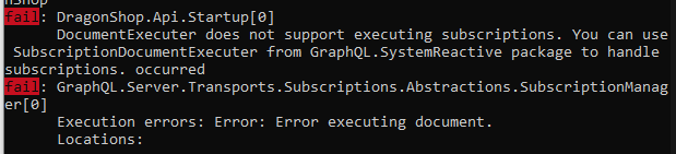 DocumentExecuter does not support executing subscriptions. You can use SubscriptionDocumentExecuter from GraphQL.SystemReactive package to handle subscriptions. occurred