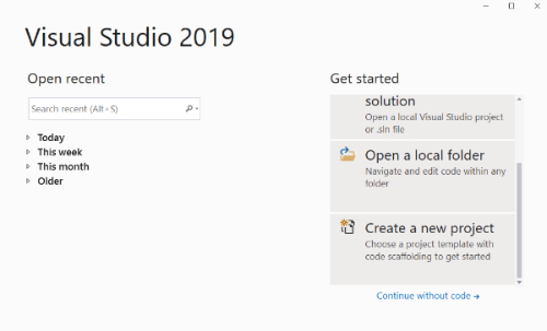 Visual Studio 2019 okno startowe