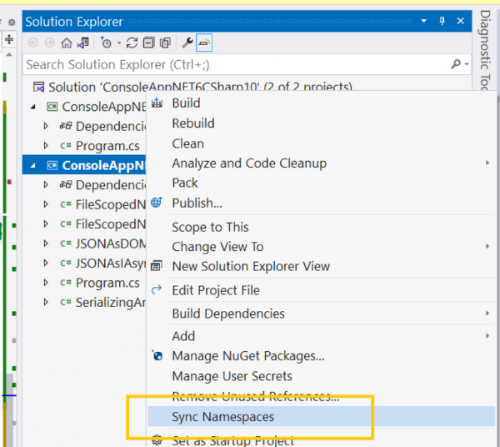 Synchronizowanie przestrzeń nazw w Visual Studio 2022