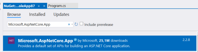 Paczka NuGet Microsoft.AspNetCore.App dla ASP.NET Core