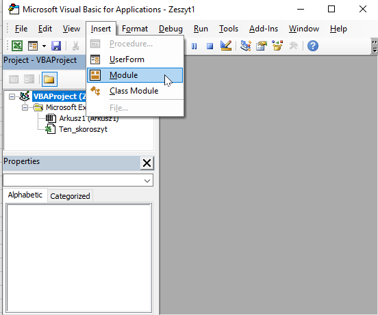 Dodawanie module z kodem VBA w programie Microsoft Visual Basic for Applications